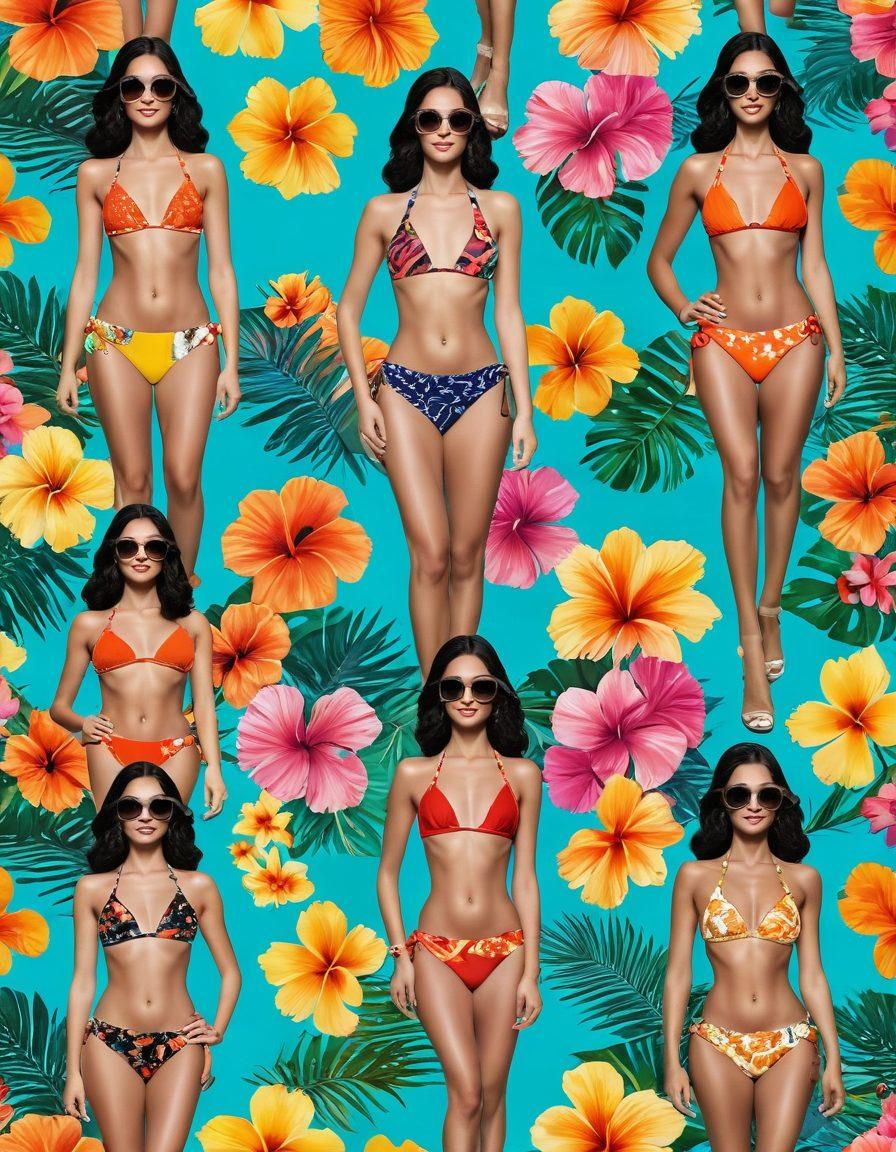 A stylish collage showcasing the evolution of bikini trends, featuring a vintage bikini design on one side transitioning into a modern, vibrant bikini look on the other. Incorporate elements like tropical flowers, sun, and beach accessories to evoke a summer vibe. The background should be a gradient fromRetro to contemporary. Emphasize sun-kissed skin tones and dynamic poses of diverse models. vivid colors. vector art. vibrant summer theme.