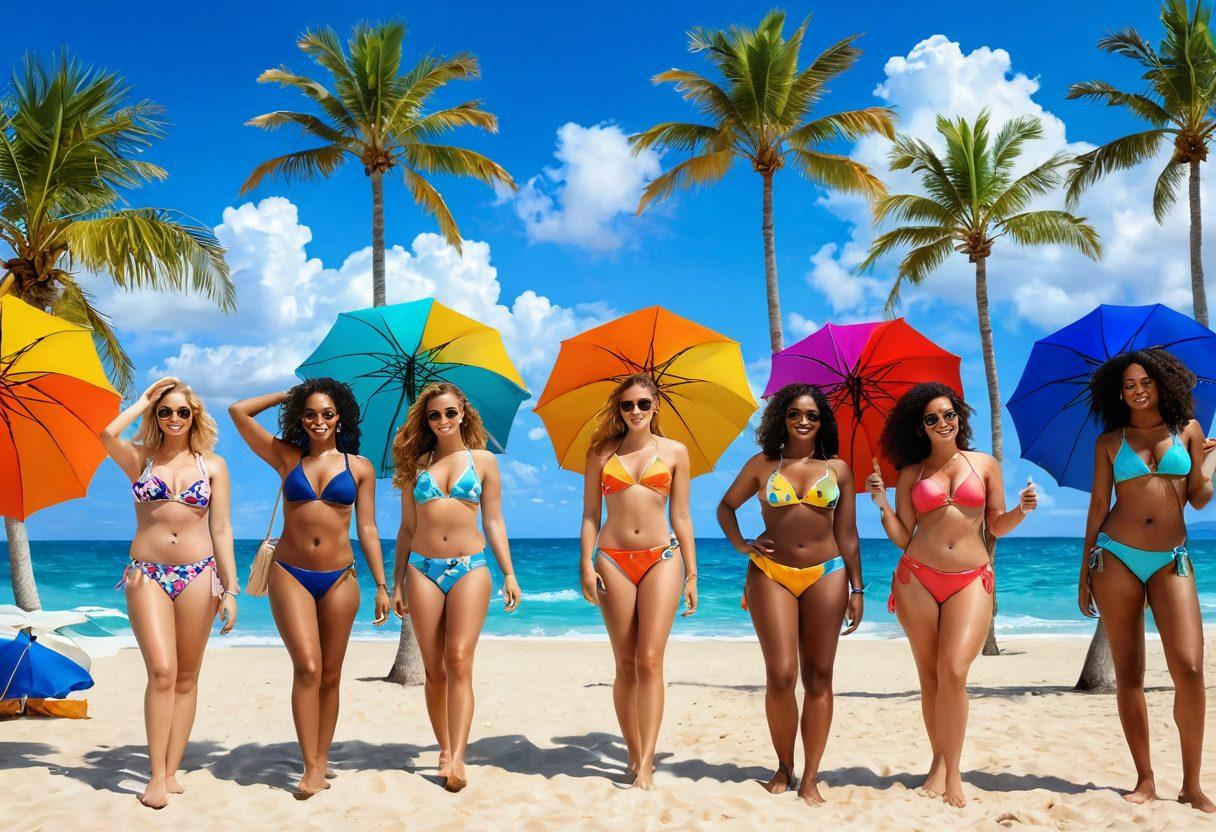 A vibrant beach scene showcasing diverse women of different body types confidently wearing trendy summer bikinis, with a backdrop of colorful beach umbrellas and palm trees. Soft waves lapping at the shore, and a bright blue sky with fluffy clouds. The image exudes positivity, confidence, and the spirit of summer. vibrant colors. super-realistic.